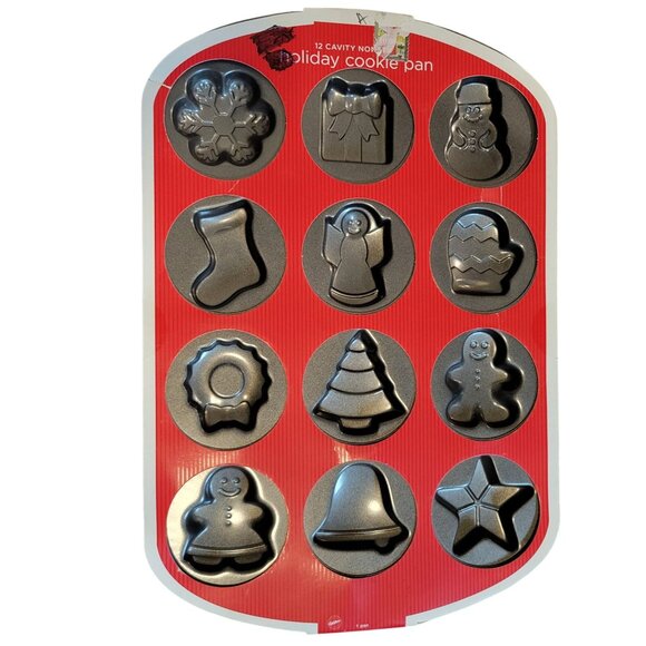 Wilton 12-Cavity Nonstick Christmas Holiday Cookie Pan Set of 2 - Picture 3 of 6